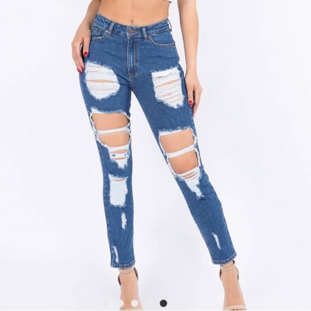 American Bazi High Waist Boyfriend Distressed Blue Denim Jeans Juniors Size 11